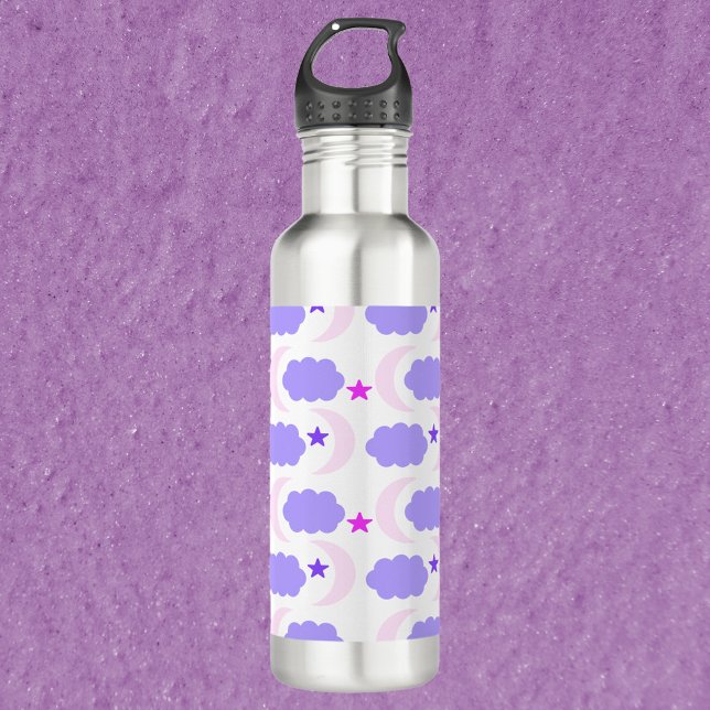 Moon Clouds and Stars Pattern Dark Purple Pink 710 Ml Water Bottle (A water bottle with a pattern of moons, clouds and stars in pink and purple.)