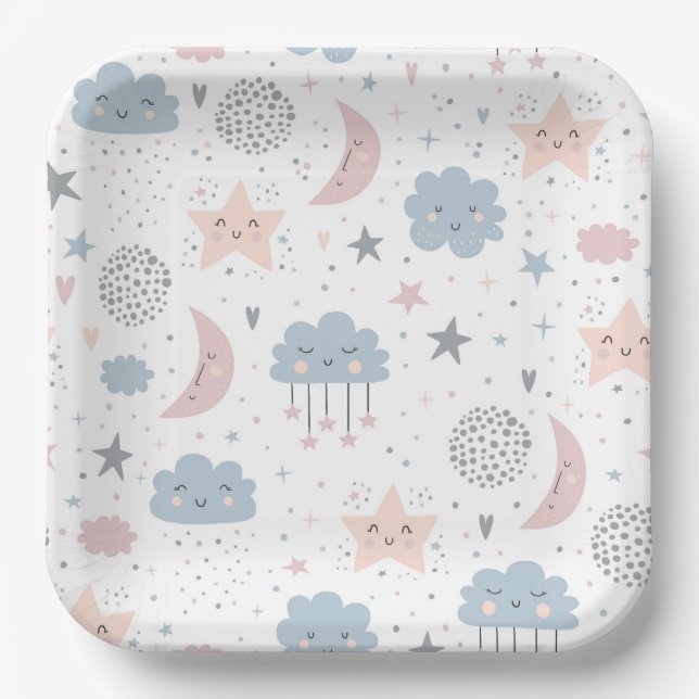 Moon Clouds Baby Shower Birthday Paper Plate (Front)