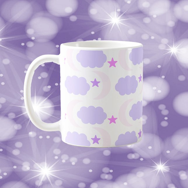 Moon Clouds Stars Light Pink Purple Coffee Mug (A mug with a pink and purple pattern of clouds, moons and stars.)