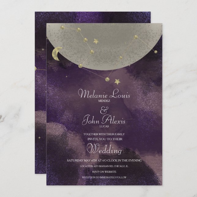 Moon Constellation Gold Purple Celestial Wedding Invitation (Front/Back)