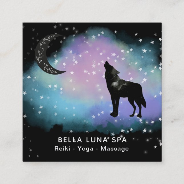 *~* Moon Cosmic . Howling Wolf Rainbow Shaman Square Business Card (Front)