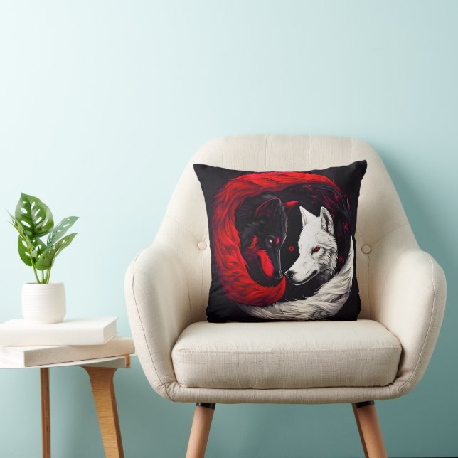 Moon Crimson Red White Wolf Cushion (Chair)