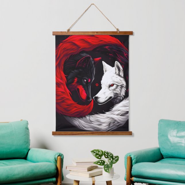 Moon Crimson Red White Wolf Hanging Tapestry (Living Room)
