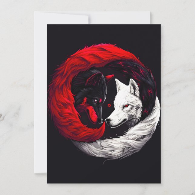 Moon Crimson Red White Wolf Holiday Card (Front)
