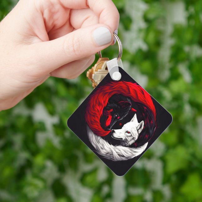 Moon Crimson Red White Wolf Key Ring (Hand)