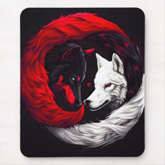 Moon Crimson Red White Wolf Mouse Pad (Front)