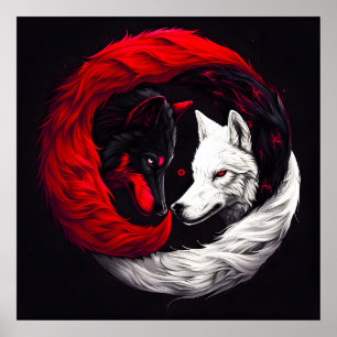 Moon Crimson Red White Wolf Poster