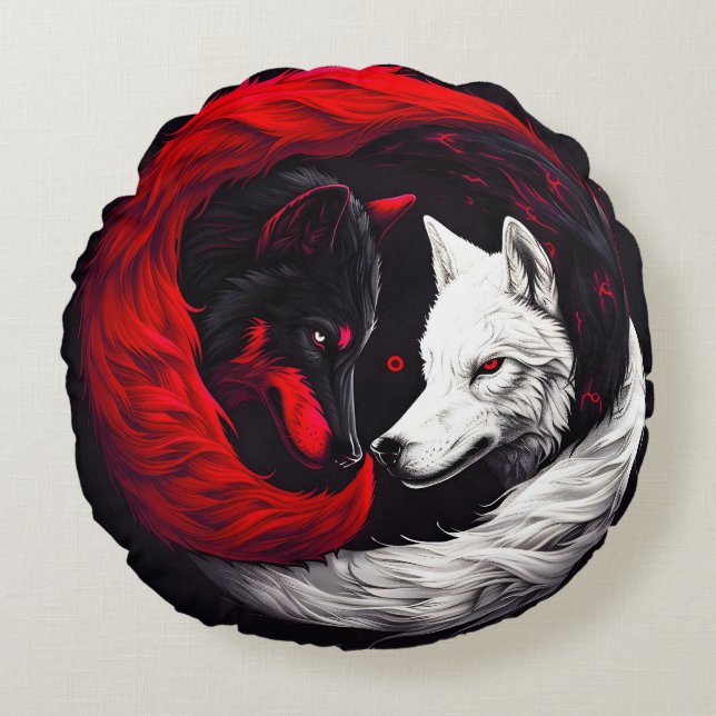 Moon Crimson Red White Wolf Round Cushion (Front)