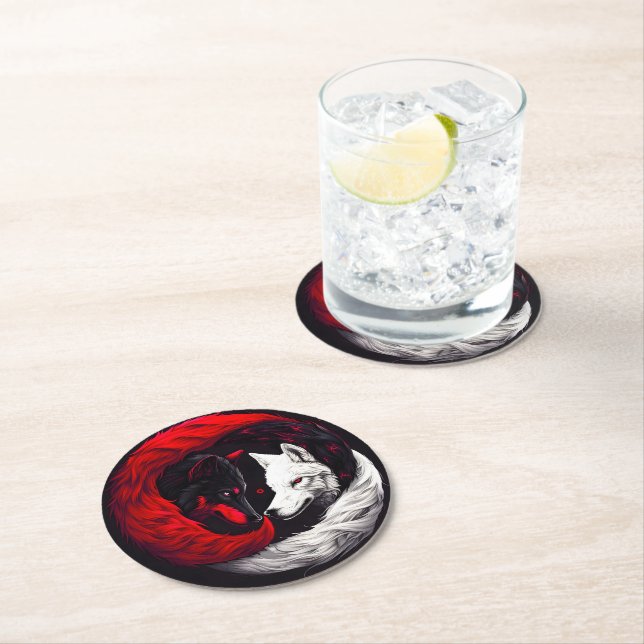 Moon Crimson Red White Wolf Round Paper Coaster (Insitu)