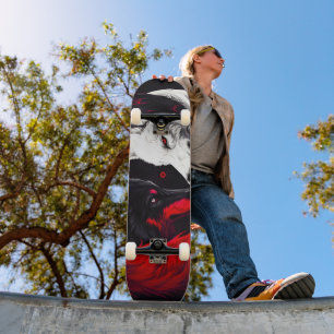 Moon Crimson Red White Wolf Skateboard