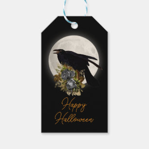 Moon, Crow and Flowers Happy Halloween Gift Tags