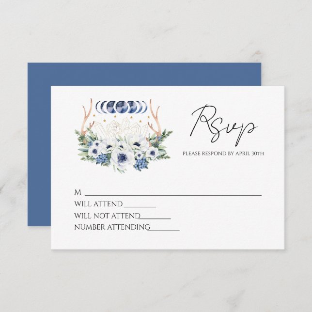 Moon Crystals Flowers Boho Metaphysical Wedding  RSVP Card (Front/Back)