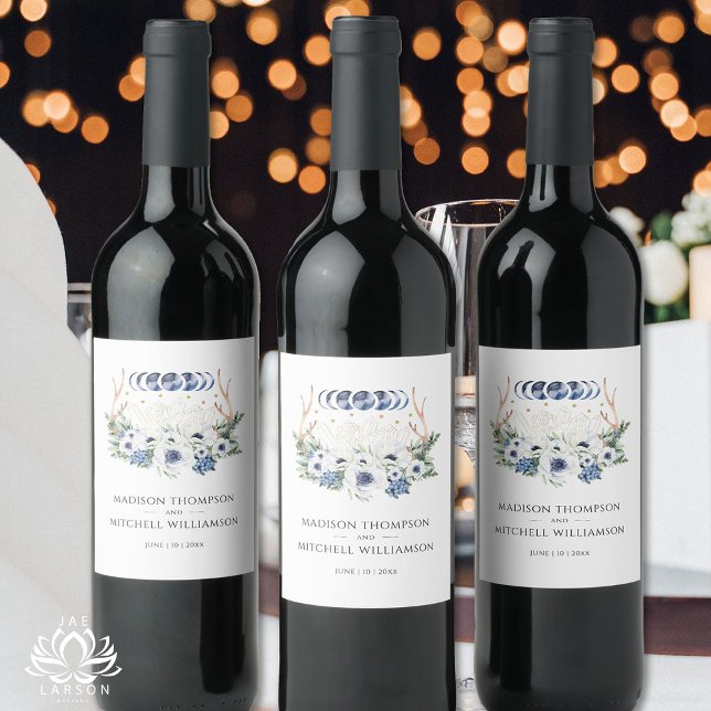 Moon Crystals Flowers Boho Metaphysical Wedding  Wine Label (Creator Uploaded)
