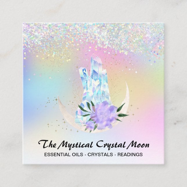 *~* Moon Crystals Holo Mystic Floral OMBRE Glitter Square Business Card (Front)