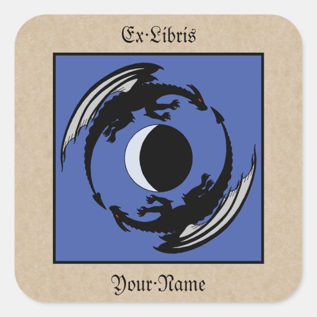 Moon Dragons Fantasy Design Bookplate Square Sticker (Front)