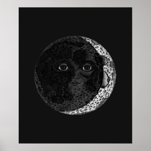 Moon Face Crescent Hand Drawn Ink Illustration Poster