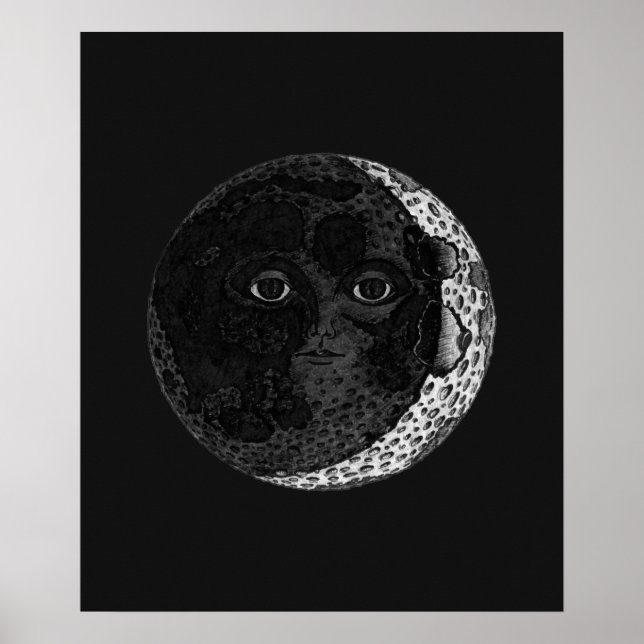 Moon Face Crescent Hand Drawn Ink Illustration Poster (Front)