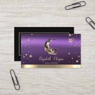 Moon Feather Gold Stars Black Purple Yoga Studio Business Card