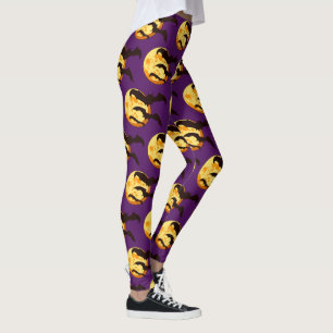 Moon Flying Bats Cute Halloween Orange and Purple Leggings