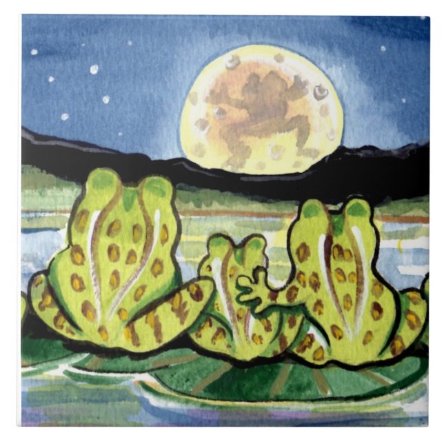 Moon Frogs Family Night  Pond 6" Tile Trivet (Front)