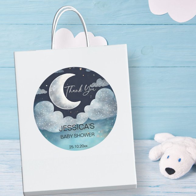 Moon galaxy baby shower thank you favour classic round sticker (Moon galaxy baby shower thank you favor sticker navy blue sky silver  moon favor stickers)