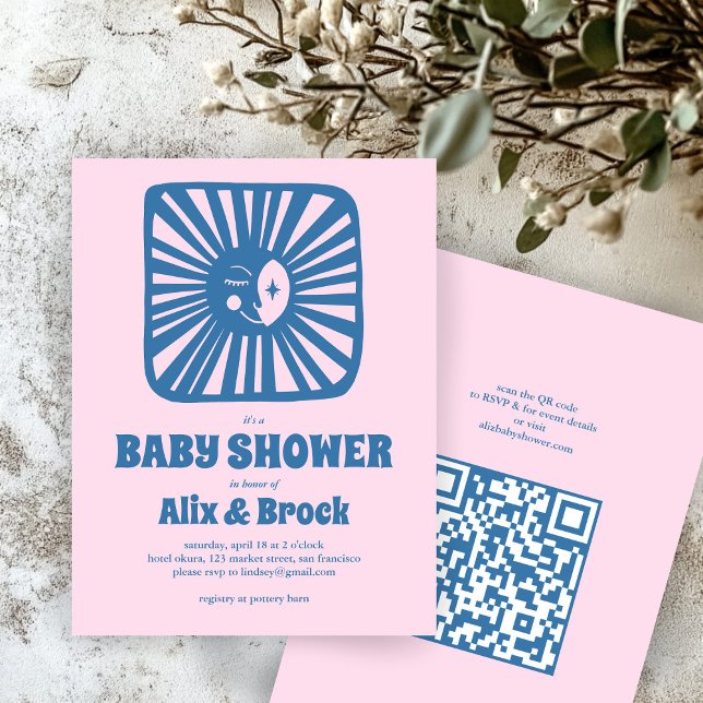 Moon Glow Boho Modern Cute Custom QR Baby Shower  Invitation (Moon Glow Boho Modern Cute Custom QR Baby Shower Invitation Pink Girl
)