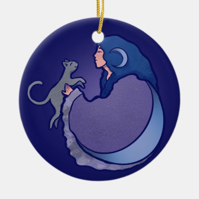 Moon Goddess Cat Witch Ceramic Tree Decoration (Front)