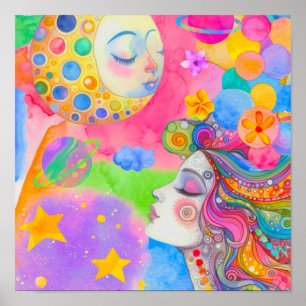 Moon Goddess Soft Watercolor Celestial Art Poster