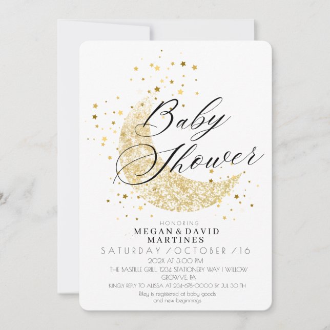  Moon gold stars gender neutral Baby Shower  Invitation (Front)
