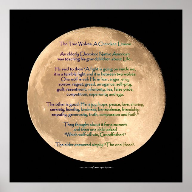 Moon Image with 2 WOLVES CHEROKEE TALE Art Poster (Front)