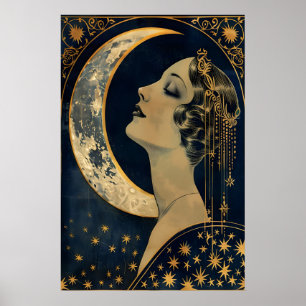 Moon Lady Art Deco Print Celestial Vintage Wall