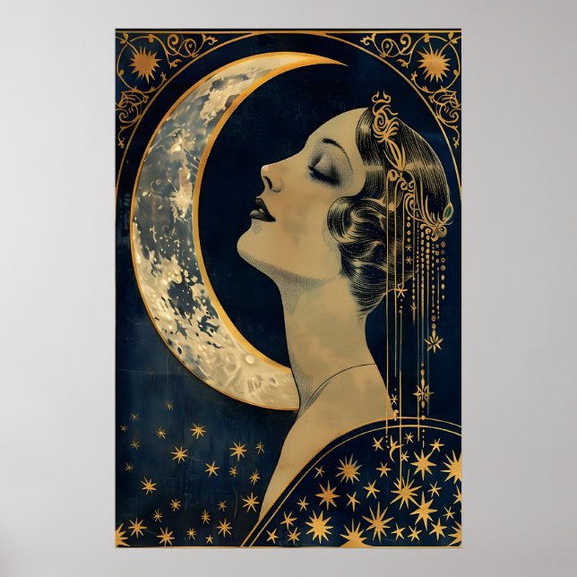 Moon Lady Art Deco Print Celestial Vintage Wall (Front)