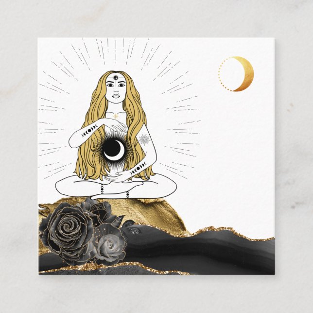 *~* Moon Luna Rose Goddess Black Gold Yoga  Square Business Card (Front)