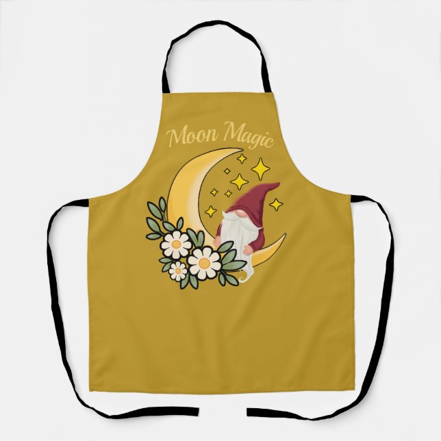 Moon Magic Cute Gnome on Crescent Moon Floral  Apron (Front)