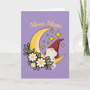 Moon Magic Cute Gnome on Crescent Moon Floral Card