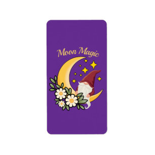 Moon Magic Cute Gnome on Crescent Moon Floral Illu Label