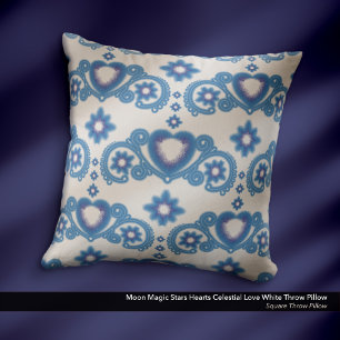 Moon Magic Stars Hearts Celestial Love White Cushion
