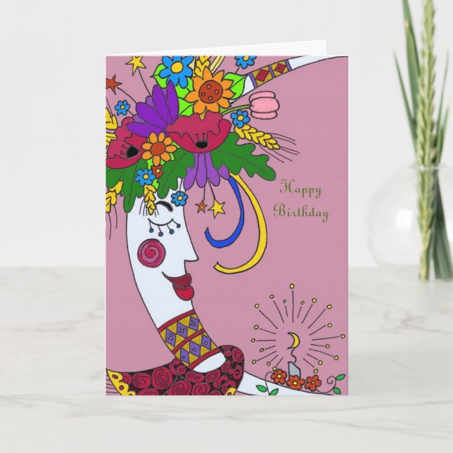 Moon Mama Ukrainian Folk Art Happy Birthday Card (Front)