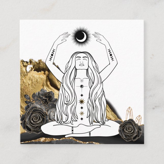 *~* Moon Meditation Luna Rose Goddess Black Gold  Square Business Card (Front)