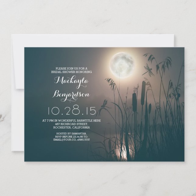 moon night dragonfly &water grass bridal shower invitation (Front)