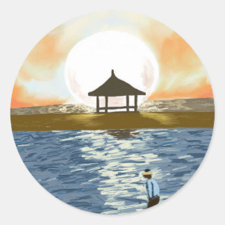 Moon Night On Beach In the Ocean With Boat Classic Round Sticker