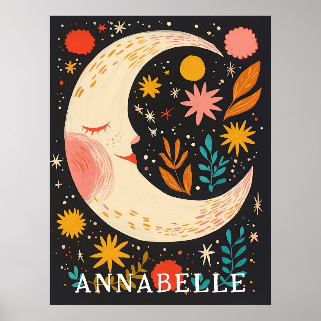 Moon Night Sky Boho Floral Illustration First Name Poster (Front)