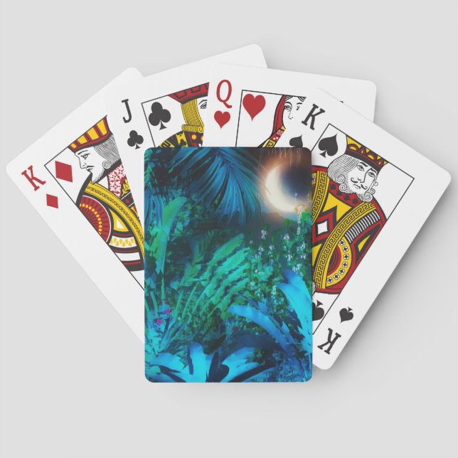 Moon Night Tropical Jungle Leaves Silver Blue Playing Cards (Back)