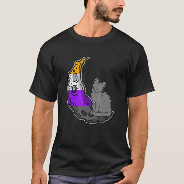 Moon Nonbinary Flag Cat LGBTQ Safe Space Gay Pride T-Shirt (Front)