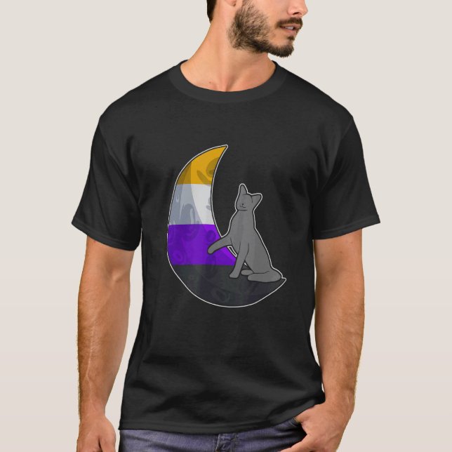 Moon Nonbinary Flag Cat LGBTQ Safe Space Gay Pride T-Shirt (Front)