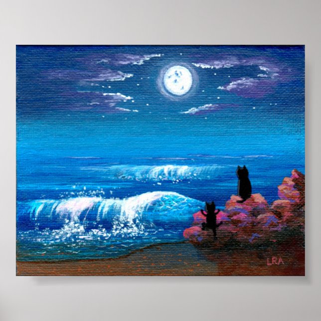 Moon Ocean Black Cat Art Creationarts Poster (Front)