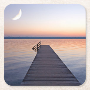 Moon Over Buscharner Footbridge Starnberg Lake Square Paper Coaster