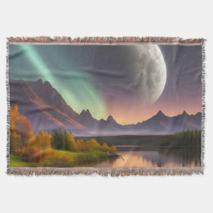 Moon over Mountain Landscape Throw Blanket