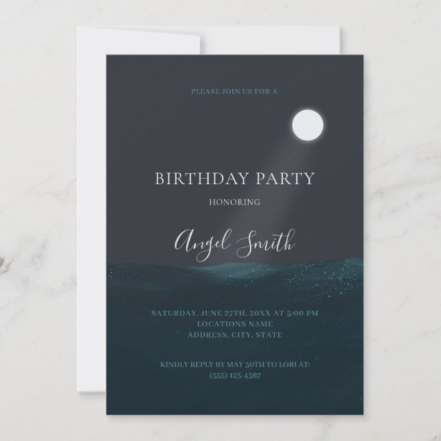 Moon Over Ocean Birthday Invitation – Night Party (Front)