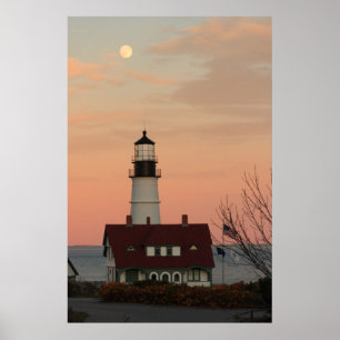 Moon Over Portland Head Lighthouse Poster